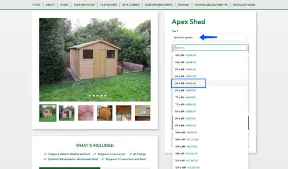Rutland sheds uses a WooCommerce product configurator with dropdown lists for accurate product selection.
