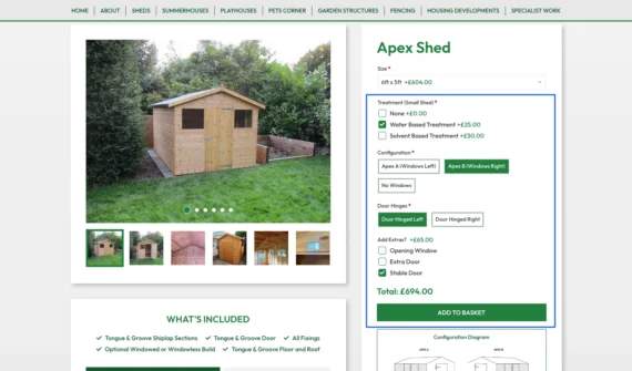 Rutland sheds uses a WooCommerce product configurator with dropdown lists, checkboxes and text selection boxes for detailed personalization.