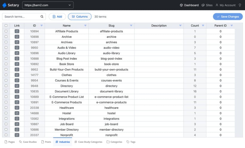 Setary spreadsheet showing a custom taxonomy tab with 30 industry terms in a WordPress site