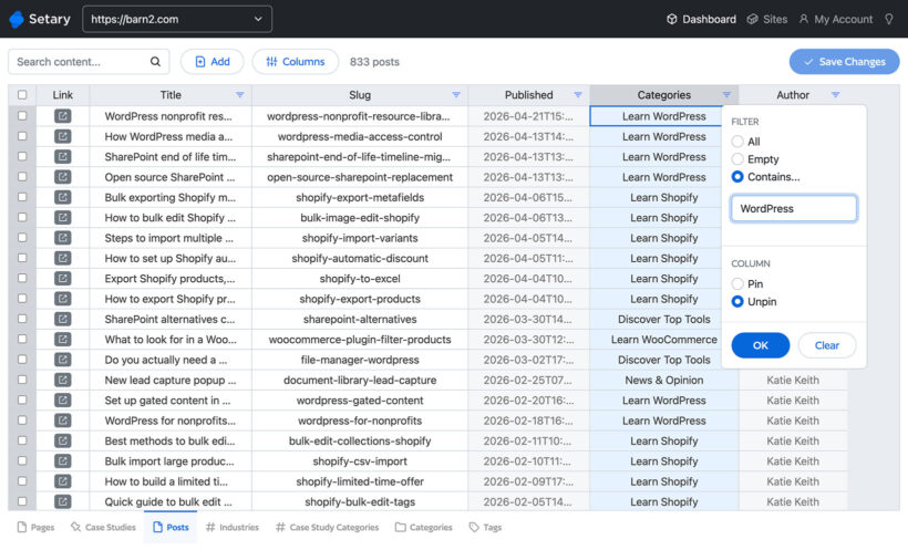Setary bulk edit WordPress posts spreadsheet with a filter popup open to narrow results by category