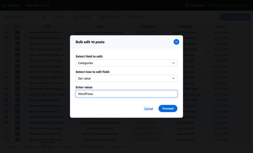 Setary bulk edit dialog open for 10 posts with the Categories field set to WordPress