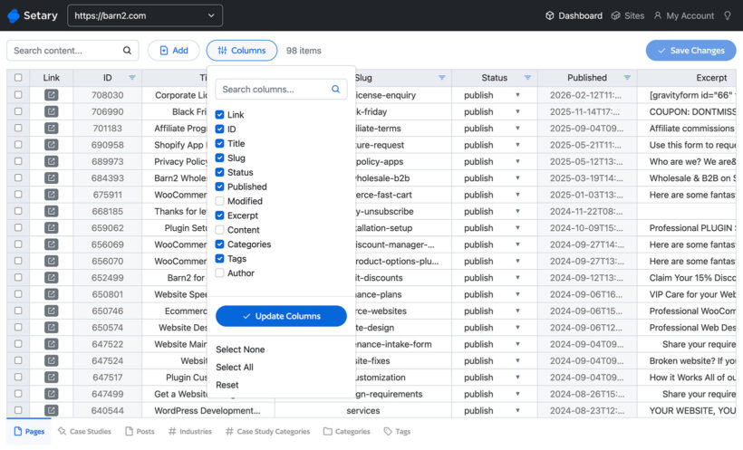 Setary WordPress editor showing the Pages tab with customizable spreadsheet columns for bulk editing