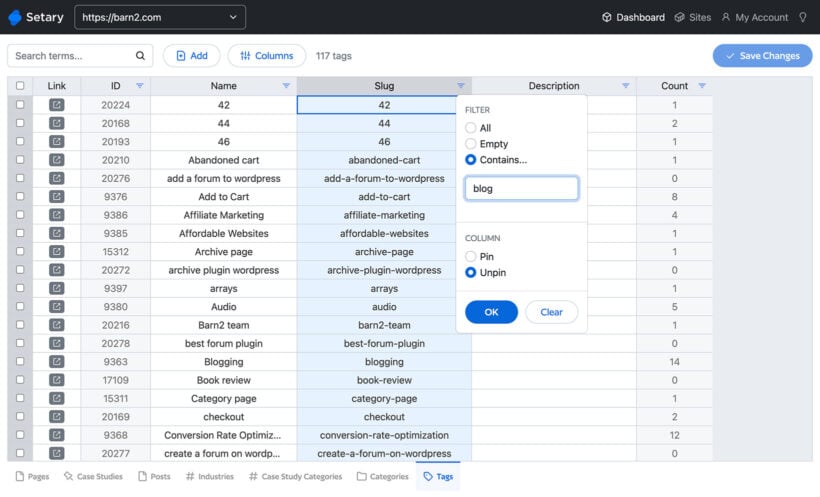 Setary Tags spreadsheet with 117 tags and a filter popup open searching for tags containing the word blog