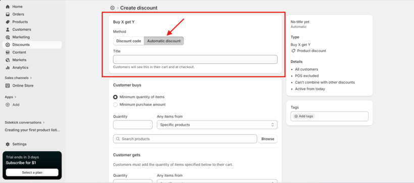 Shopify Create discount screen with Automatic discount selected for a Buy X Get Y offer