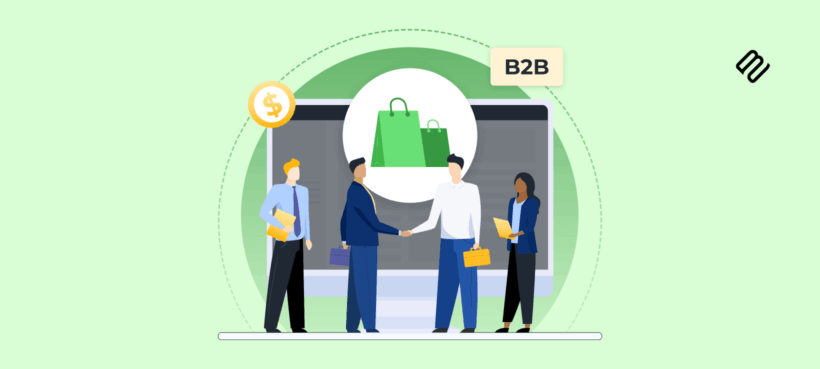 Illustrated guide to setting up Shopify B2B showing business people shaking hands in front of Shopify bags