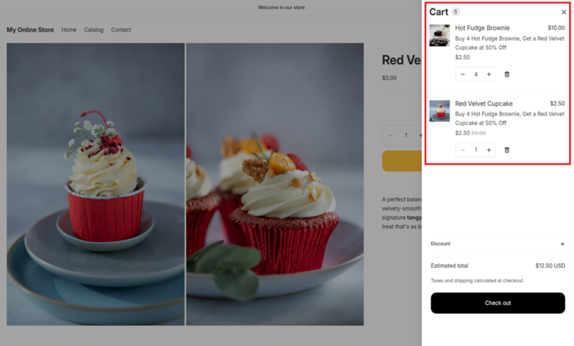 Shopify product page showing a cart with a Buy X Get Y discount applied to bundled cupcake items