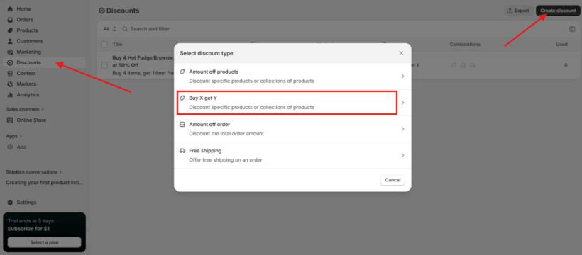 Shopify admin with Select discount type modal open and Buy X Get Y option highlighted