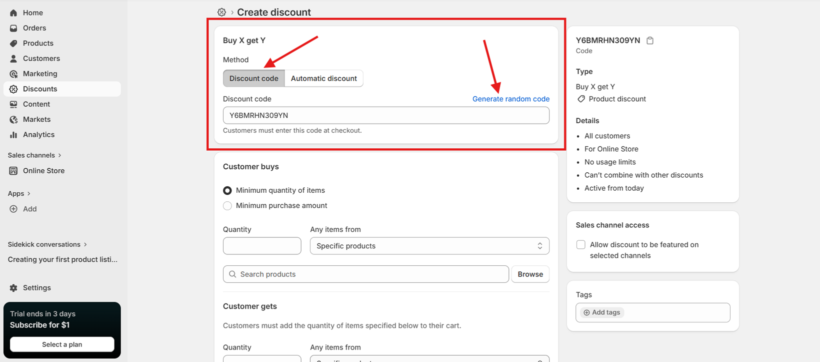 Shopify Create discount screen with Discount code method selected for a Buy X Get Y promotion