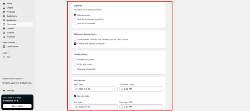 Shopify discount settings showing Eligibility, Maximum uses, Combinations and Active dates configuration