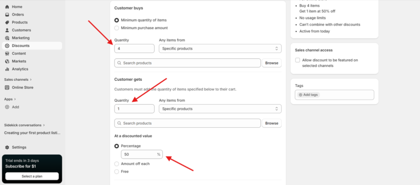 Shopify discount settings showing buy 4 items, get 1 at 50% off with product selection fields