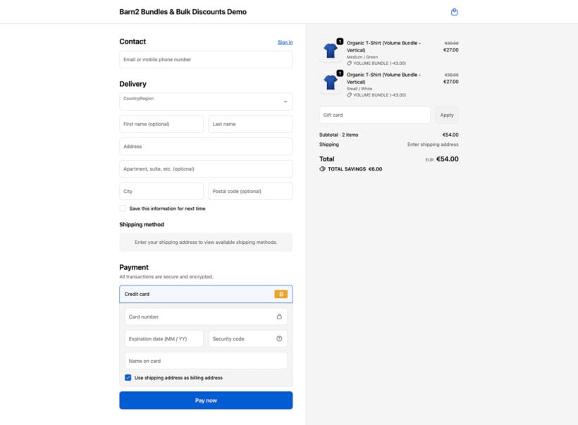 Shopify checkout page showing contact, delivery and payment fields alongside a bundled order summary