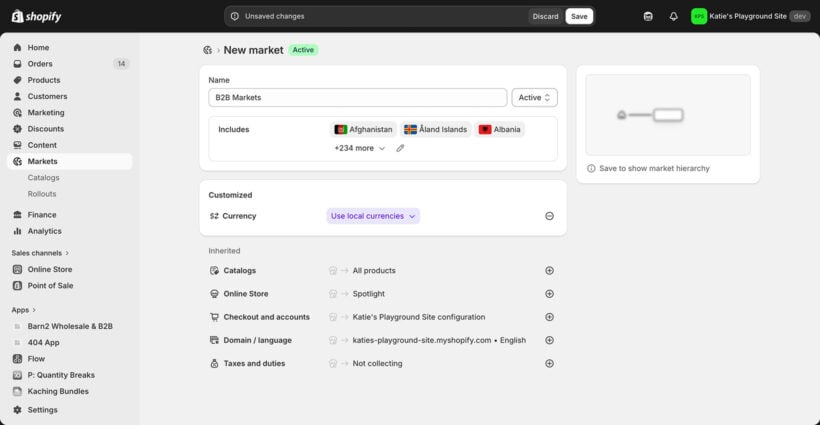 Shopify Markets admin showing a new B2B Markets market being created with currency and catalog settings