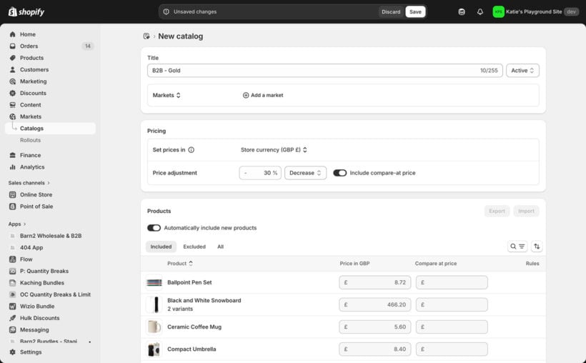 Shopify Catalogs admin showing a new B2B Gold catalog with a 30% price decrease applied across products