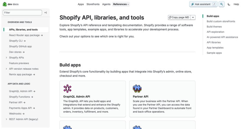 Shopify developer documentation showing the APIs, libraries and tools reference page