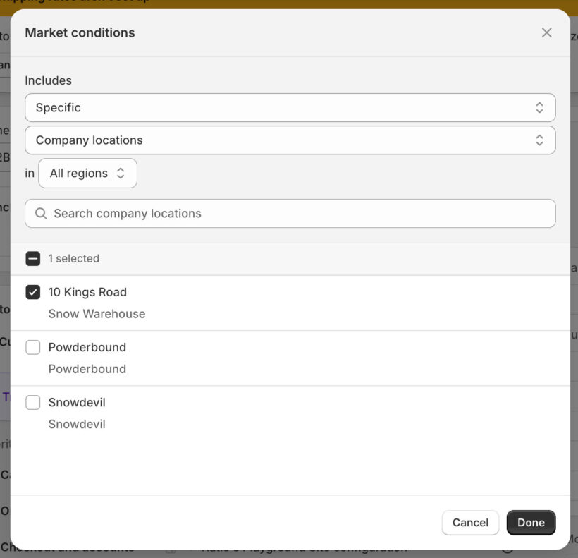 Shopify Market conditions dialog with Company locations selected and a company location checked