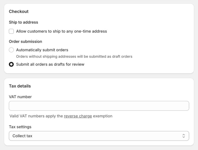Shopify native B2B checkout and tax settings company
