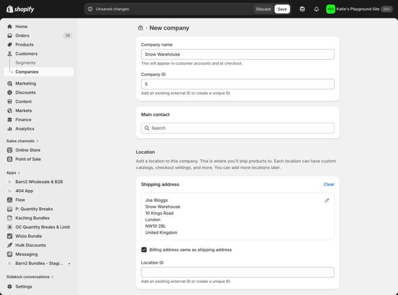 Shopify new company form with company name, ID, main contact and shipping address fields for a B2B customer