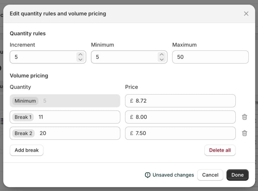 Shopify native catalog quantity rules and volume price breaks
