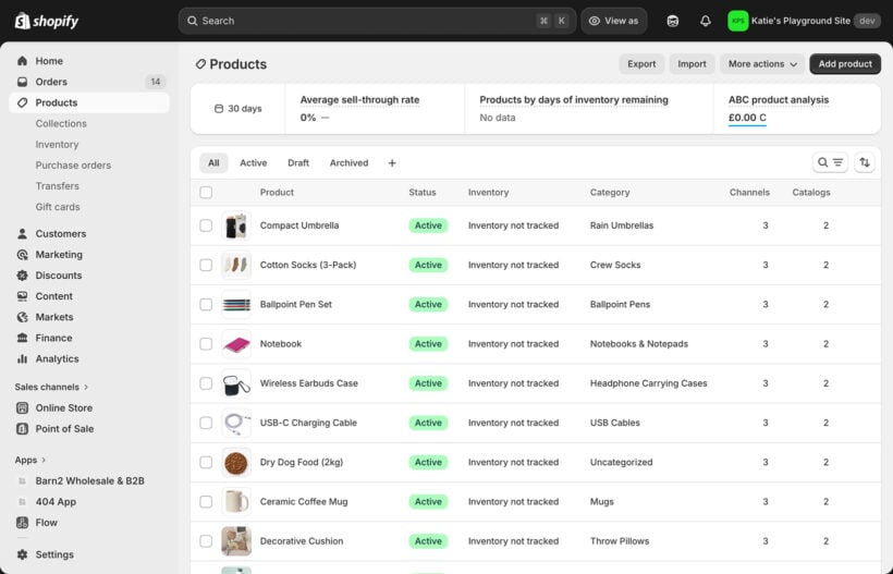 Shopify products list with export button and bulk edit