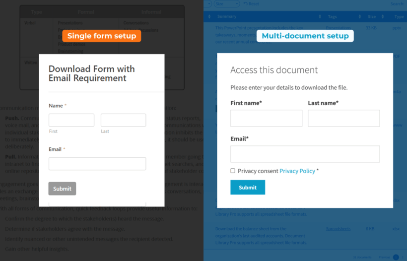 Side-by-side comparison of a single download form with email field versus a Document Library Pro multi-document table with email gate