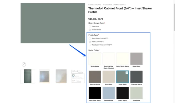 Custom cabinet door ordering with image buttons