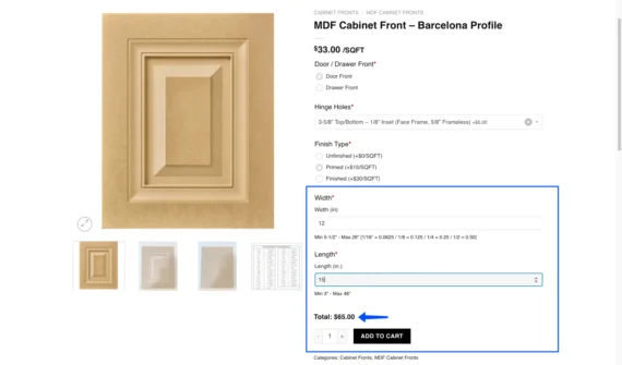 Price calculator for custom cabinet door ordering