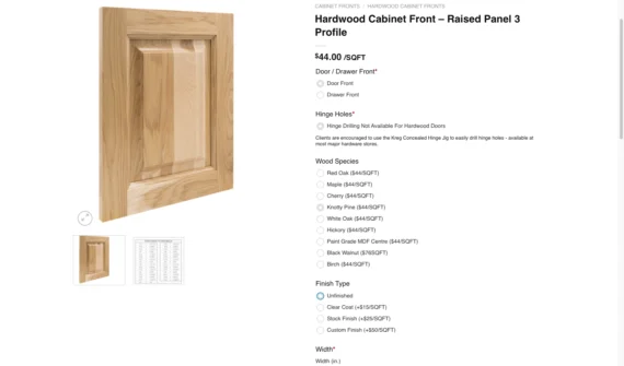 The Cabinet door store uses radio buttons for cabinet door customization