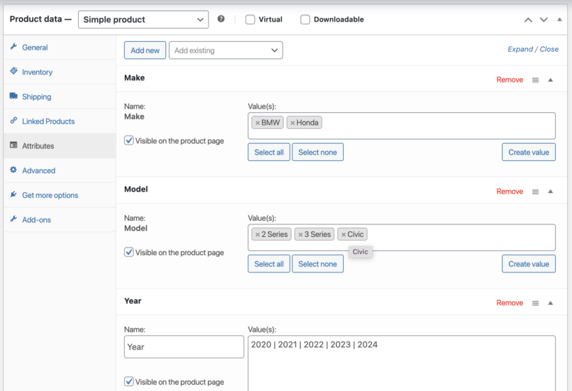 WooCommerce product attributes panel showing Make, Model and Year fields configured for auto parts