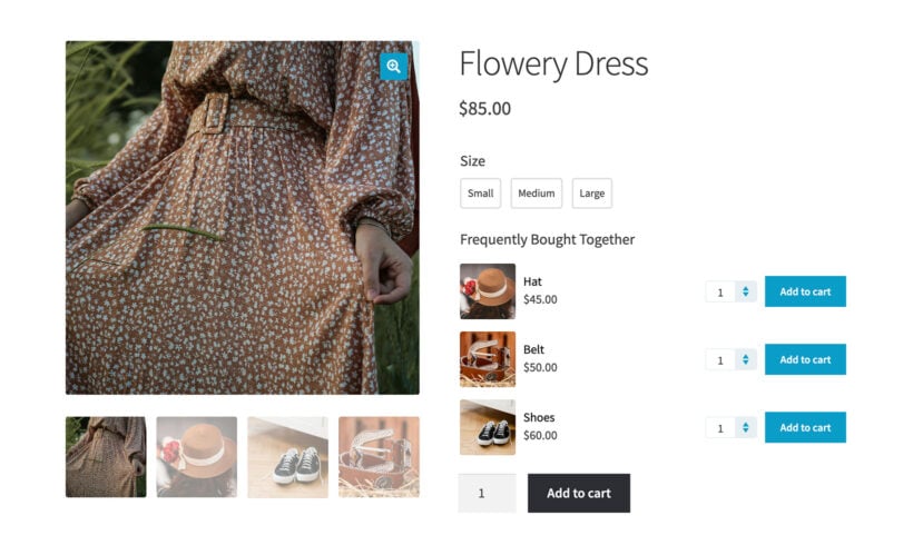 WooCommerce product page with a Frequently Bought Together section showing Hat, Belt and Shoes recommendations