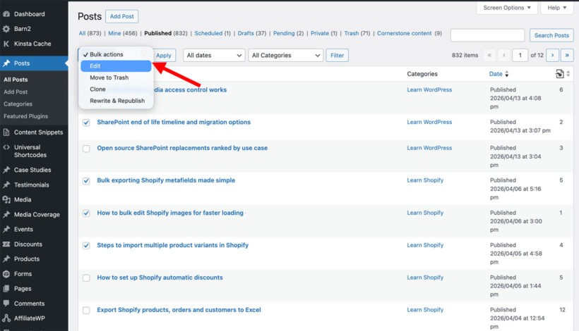 WordPress bulk edit posts on blog in admin