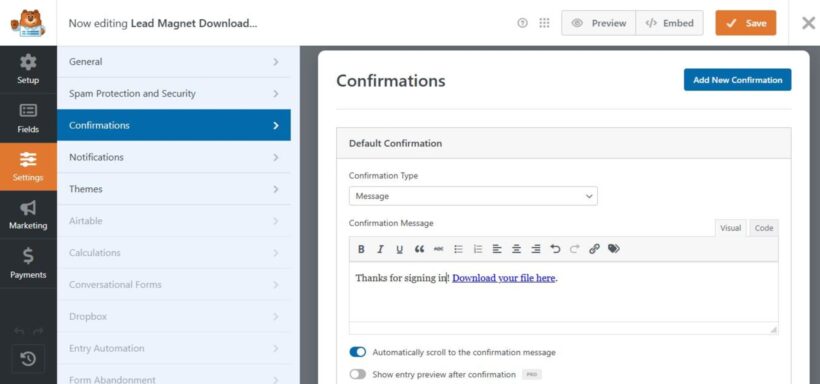 Gravity Forms Confirmations settings showing a thank-you message with a download link after form submission