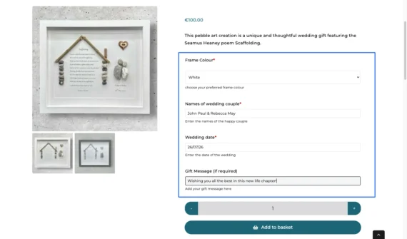 Púróga Pebble Art wedding product page showing WooCommerce Product Options fields for frame colour, number of people, names, and personalization text.
