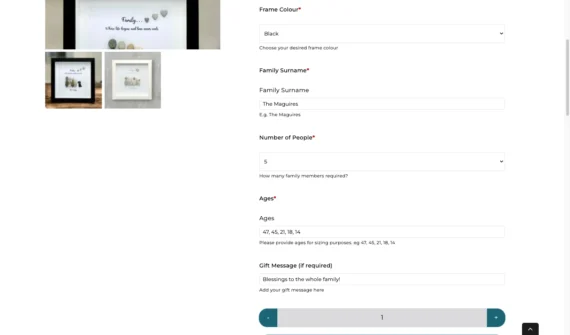 Púróga Pebble Art family product page with WooCommerce Product Options fields for frame colour, number of people, names and ages, and title choice including an Irish language option.