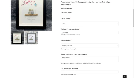 Púróga Pebble Art birthday product page showing WooCommerce Product Options fields for custom balloon design, recipient name, and personalized message.