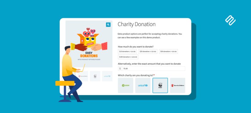 Illustrated header showing a WooCommerce charity donation product page with donation amount options and charity logos