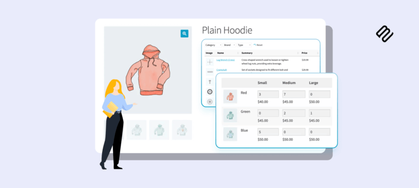 Illustrated header showing a WooCommerce product page with a variation table listing sizes, colors and prices