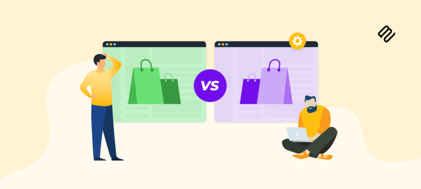 Illustrated header comparing WooCommerce and Shopify with two browser windows and a VS badge