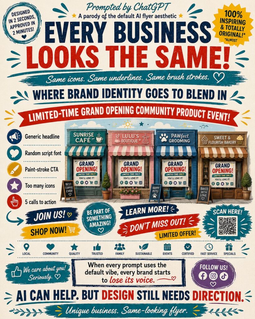 Parody flyer showing identical AI-generated business designs with the caption AI can help but design still needs direction