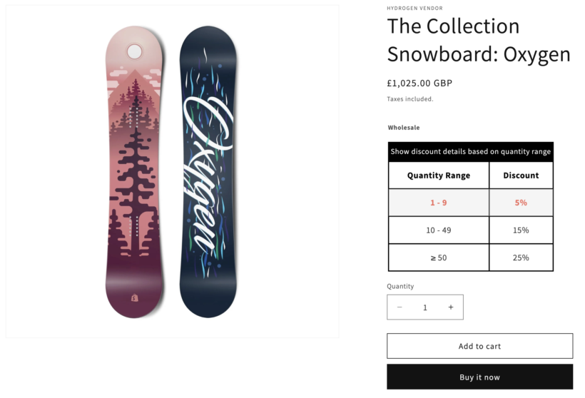 BSS Commerce tier pricing table on a Shopify product page showing quantity-based wholesale discounts