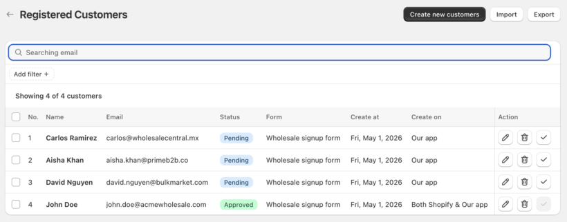 BSS Commerce Registered Customers admin list showing wholesale applicants with Pending and Approved statuses