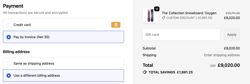 Shopify checkout payment section with Pay by Invoice Net 30 option selected alongside an order total