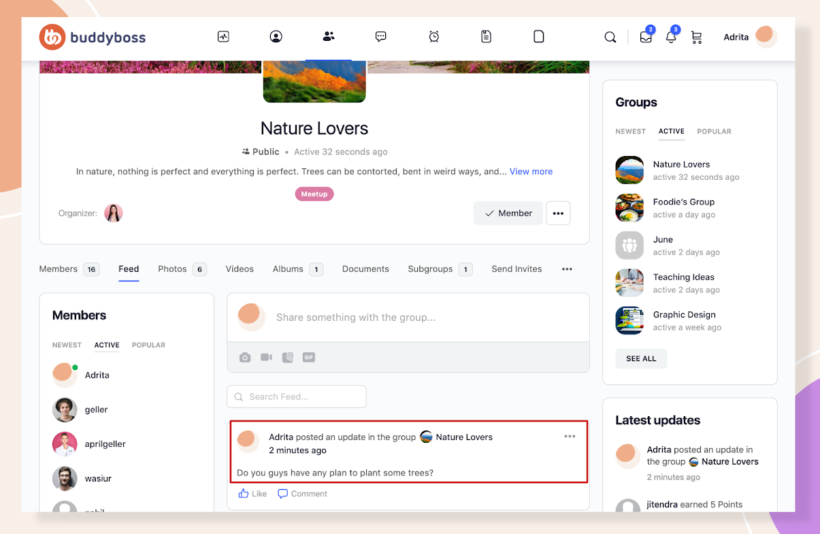 BuddyBoss community group page showing member list, activity feed and groups sidebar for a WordPress association