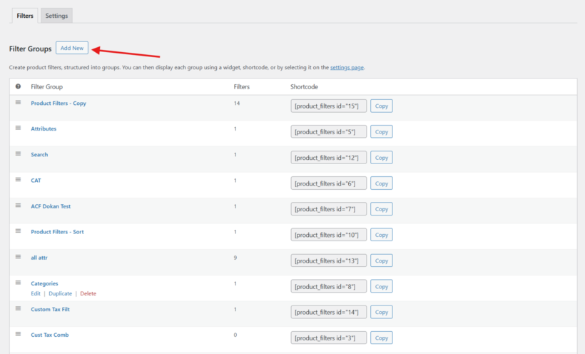 WooCommerce product filter groups admin listing named filter groups with their shortcodes