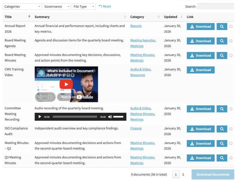 Document Library Pro table showing downloadable organisation documents filtered by category with a search bar