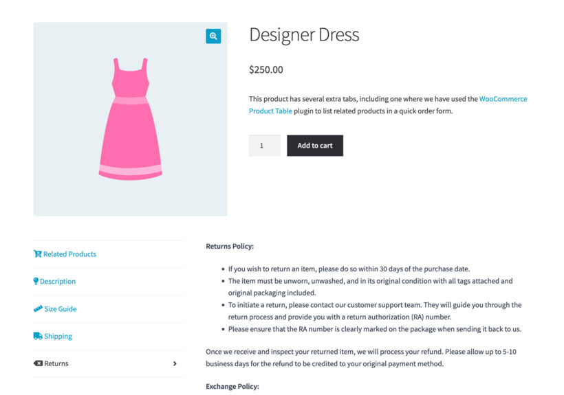 Display WooCommerce returns policy on product page with tabs