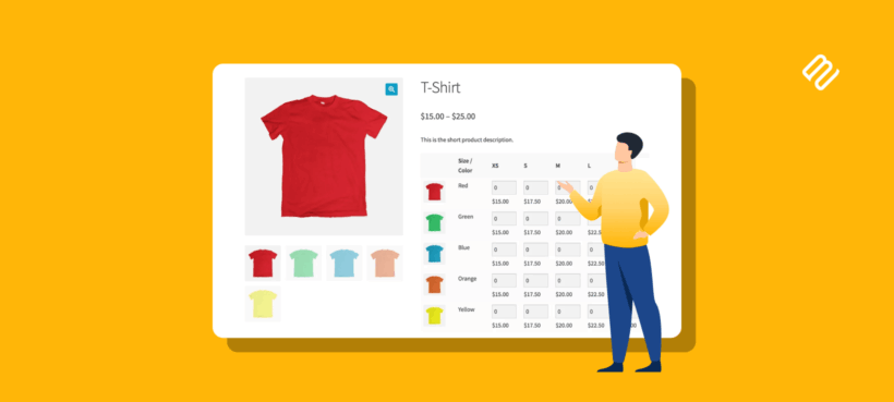 Illustrated header showing a WooCommerce product page with a variation table displaying sizes and per-variation prices