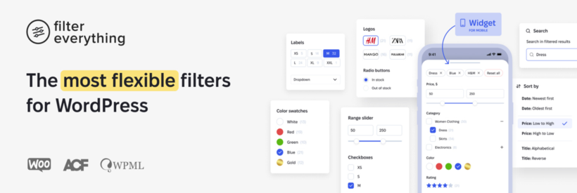 Filter Everything plugin banner showing filter widget types including labels, color swatches, range slider and checkboxes