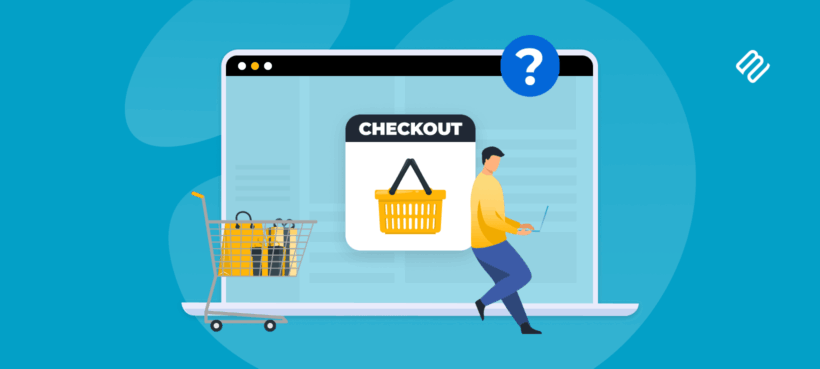Illustrated header for a checkout plugin comparison showing a shopper at a checkout screen with a question mark