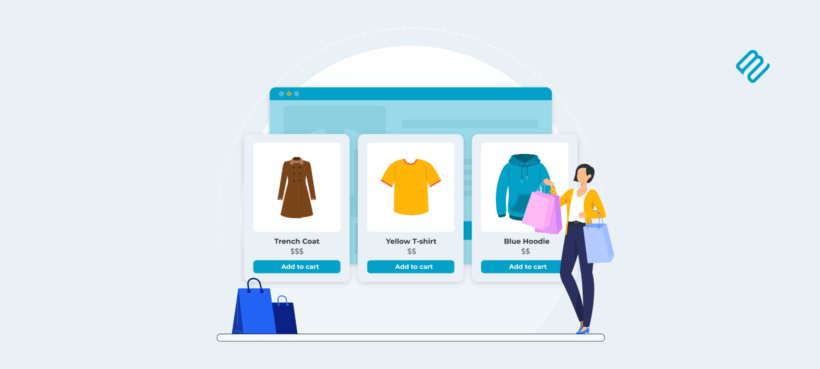Illustrated header showing three WooCommerce product cards for a trench coat, t-shirt and hoodie as linked products