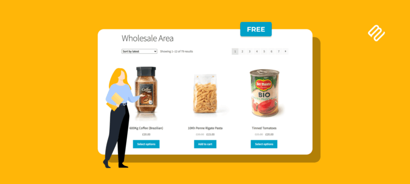 Illustrated header showing a free WooCommerce wholesale area with grocery products and a Free badge